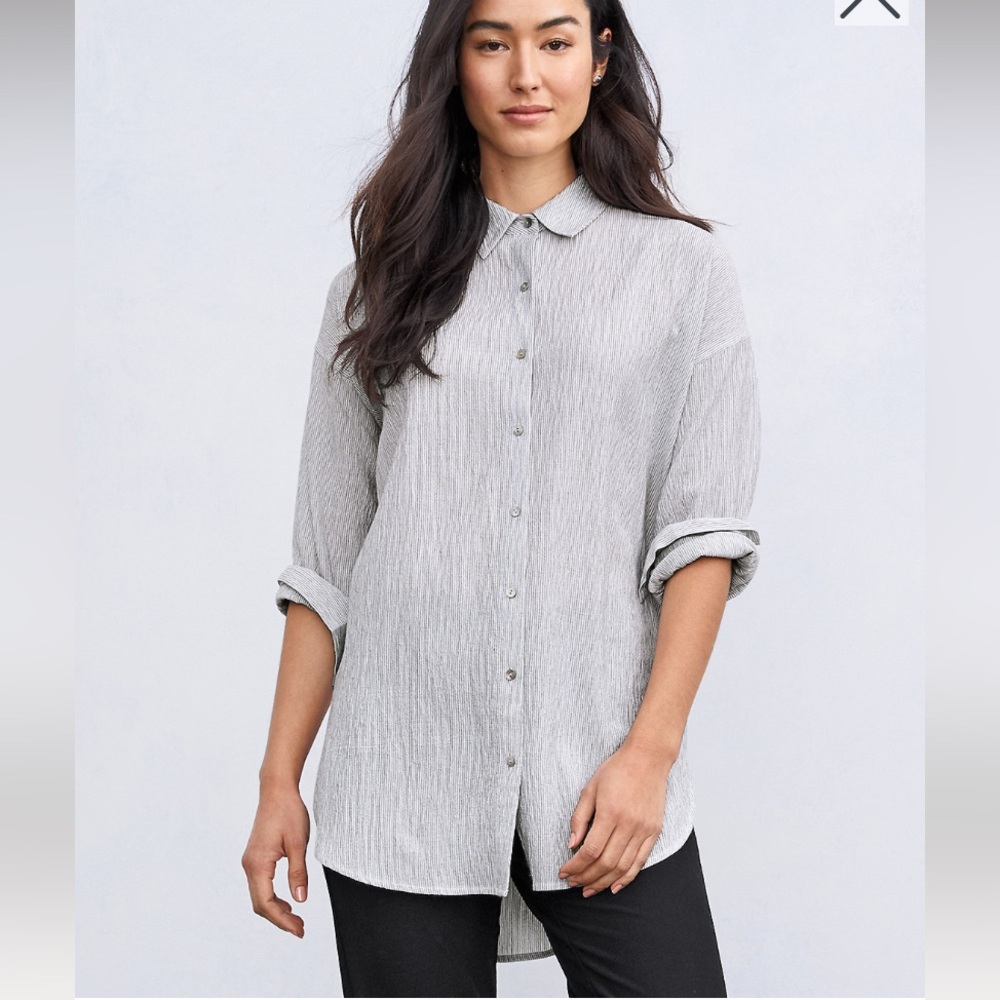 EILEEN FISHER ORGANIC COTTON OVERSIZED BUTTON DOWN PINSTRIPED SHIRT WOMENS XS